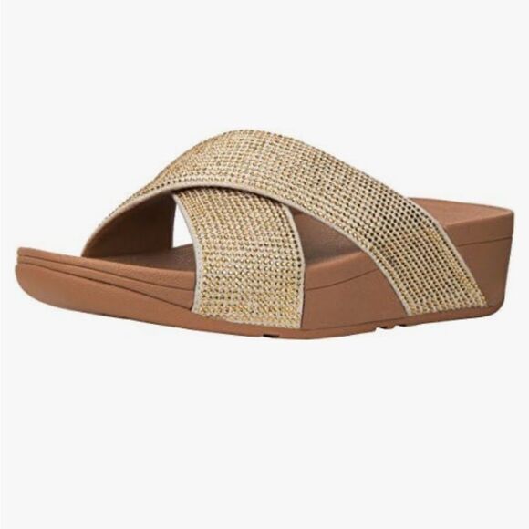 FitFlop RITZY Gold Metallic Sparkle Crisscross Orthotic Slide Sandals - Picture 2 of 16